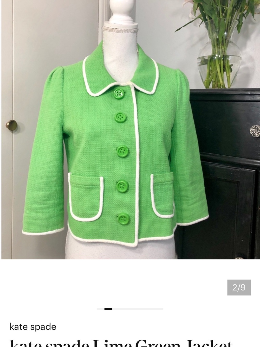 kate spade Bright Lime Green Bouclé Cropped Jacket with White Trim